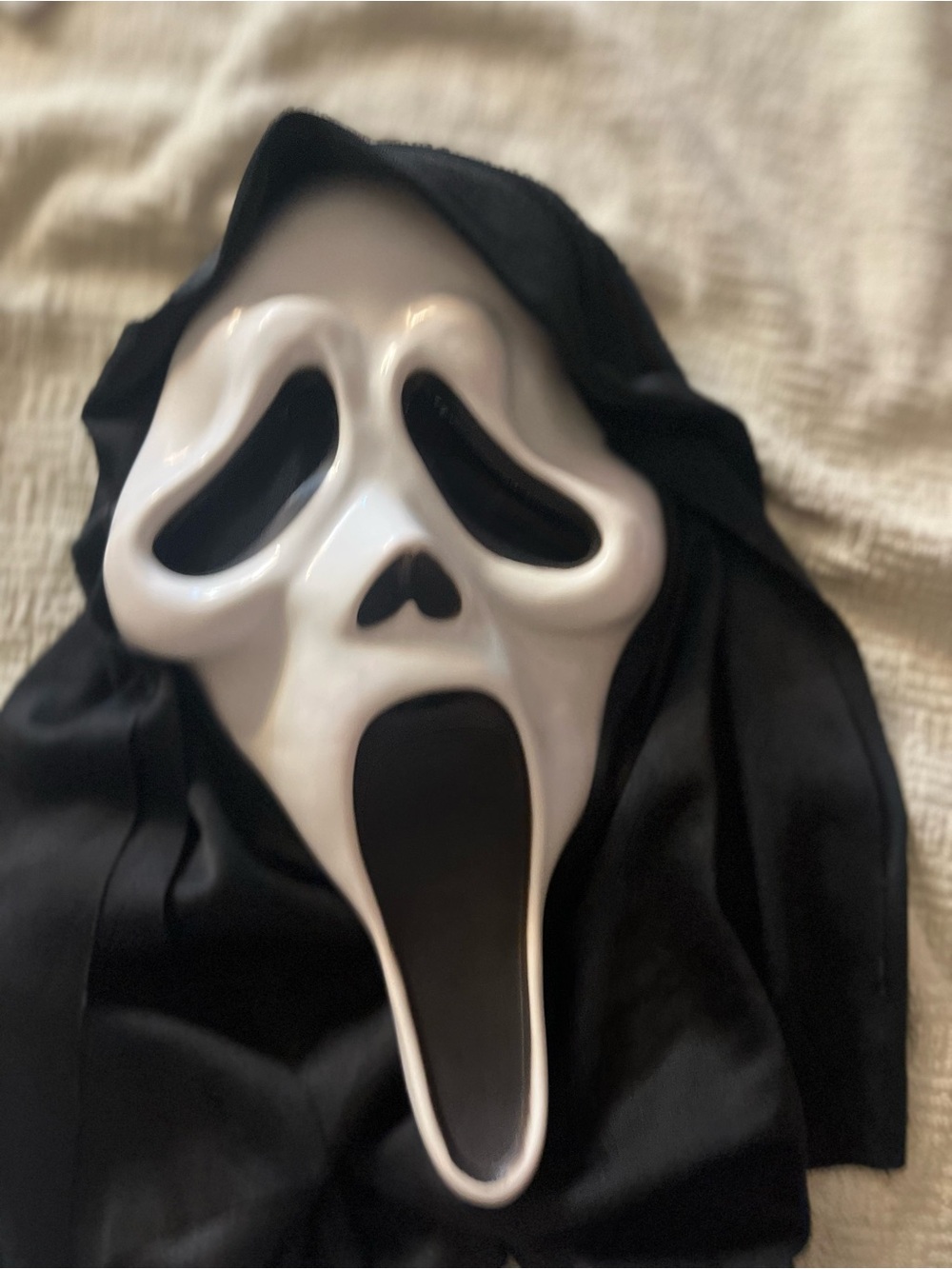 White and Black Scream-Style Face Mask with Black Hood